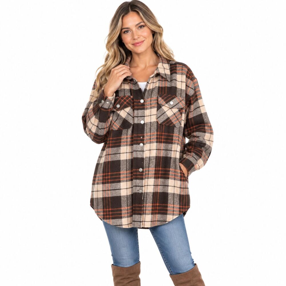 Zenana Womens L Plaid Shacket Brown Rust Cream Oversized Button Shirt Jacket